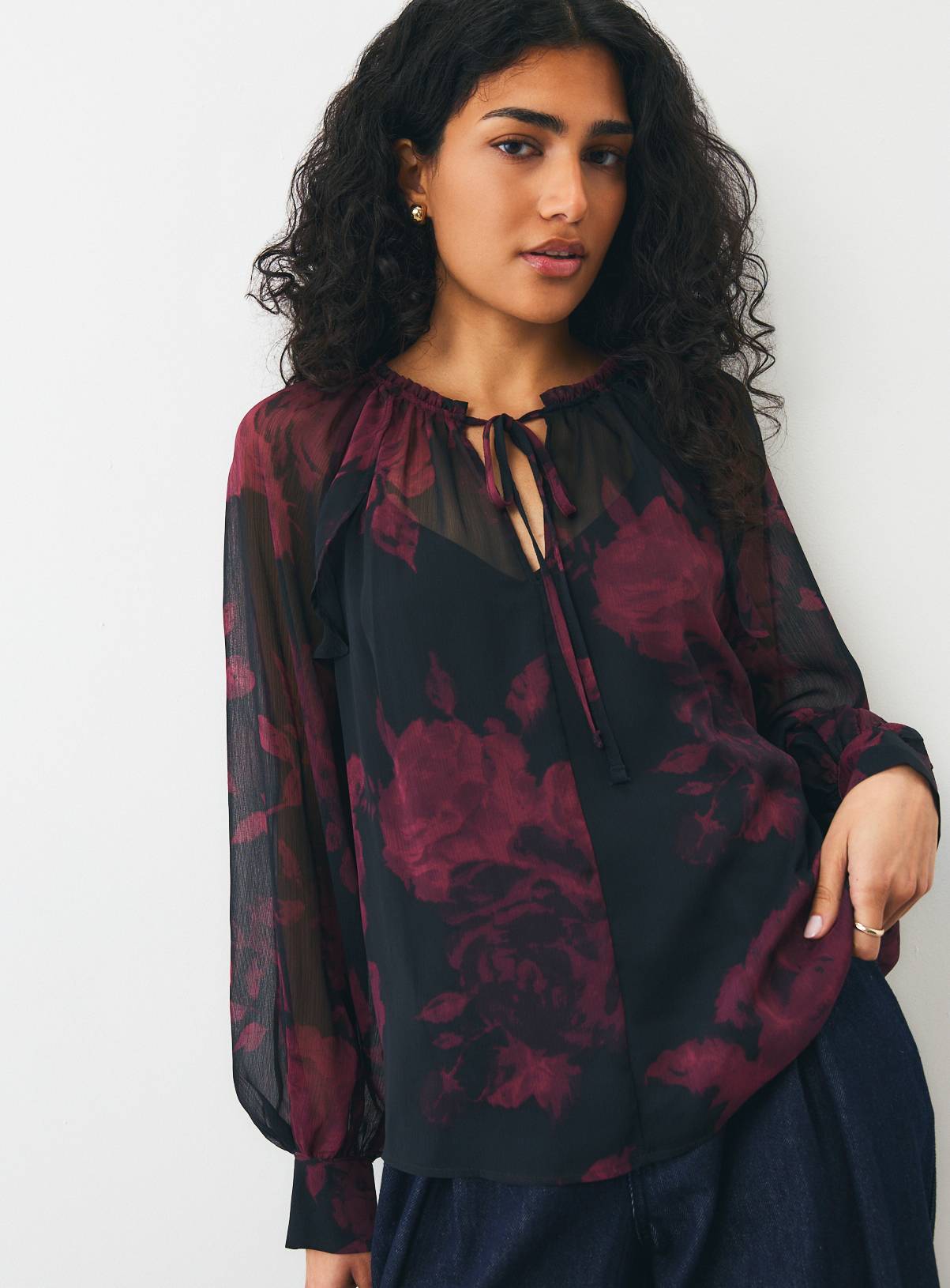Burgundy Blurred Floral Frill Blouse 16 - Image 1